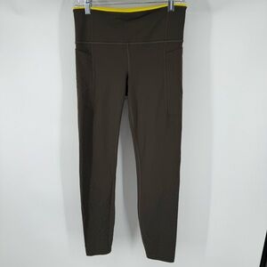 Athleta Medium Tall Gray Green Leggings with Vibrant Yellow Waistband Floral